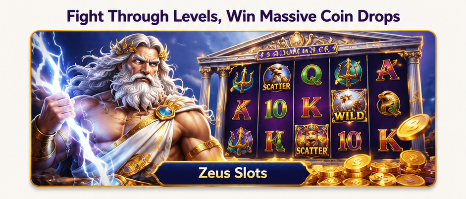 Fight through levels, win massive coin drops - Zeus Slots